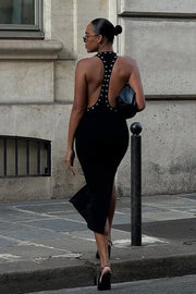 Halter Backless Sleeveless Waist-Defined Fitted Dress