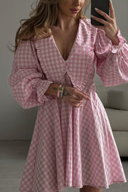 Plaid Bow Collar Ruffle Sleeve Mini Dress