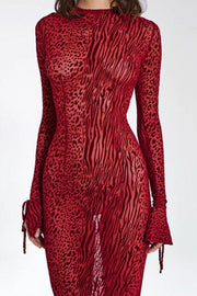 Red Leopard Print Crew Neck Backless Mermaid Maxi Dress