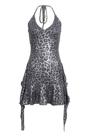 Shiny Leopard Ruffle Halter Mini Dress
