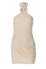 Sheer Mesh Halter Draped Mini Dress