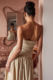 Strapless Ruched Drop-Waist Maxi Dress