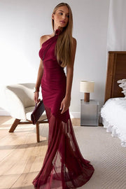 One Shoulder Sheer Mesh Overlay Maxi Dress