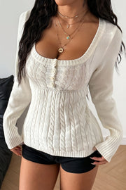 Cable Knit Square Neck Button Detail Sweater