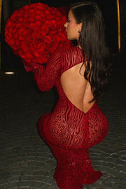 Red Leopard Print Crew Neck Backless Mermaid Maxi Dress