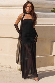 Bow Accent Strapless Sheer Panel Maxi Dress