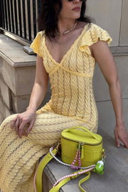 Knit V-Neck Backless Ruffle Maxi Dress