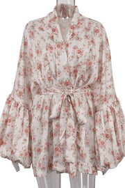 Satin Floral Print Puff Tie A Line Mini Dress