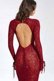 Red Leopard Print Crew Neck Backless Mermaid Maxi Dress
