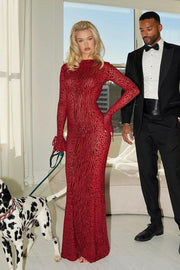 Red Leopard Print Crew Neck Backless Mermaid Maxi Dress