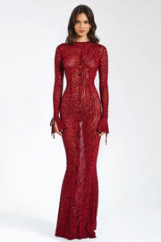 Red Leopard Print Crew Neck Backless Mermaid Maxi Dress