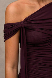 One Shoulder Ruched Mesh Maxi Dress
