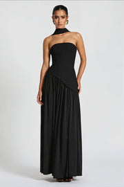 Strapless Scarf Detail Slit Maxi Dress
