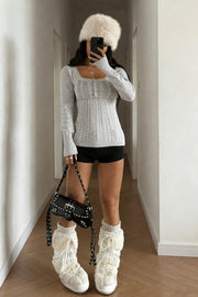 Cable Knit Square Neck Button Detail Sweater