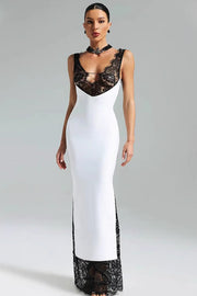 Lace V-Neck Sleeveless Patchwork Fitted Maxi Dress