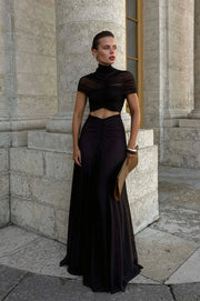Elegant Chic Solid Mock Neck Cape Sleeve Ruched Maxi Dress