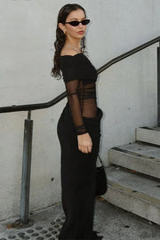 Off Shoulder Sheer Mesh Long Sleeve Maxi Dress