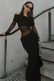 Off Shoulder Sheer Mesh Long Sleeve Maxi Dress