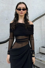 Off Shoulder Sheer Mesh Long Sleeve Maxi Dress