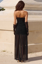 Bow Accent Strapless Sheer Panel Maxi Dress