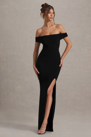 Black Bardot Draped Split Maxi Dress