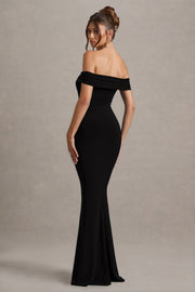 Black Bardot Draped Split Maxi Dress