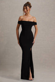 Black Bardot Draped Split Maxi Dress