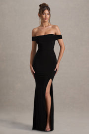Black Bardot Draped Split Maxi Dress