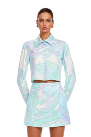 Cassia Mint Green Printed Blouse & Mini Skirt Set