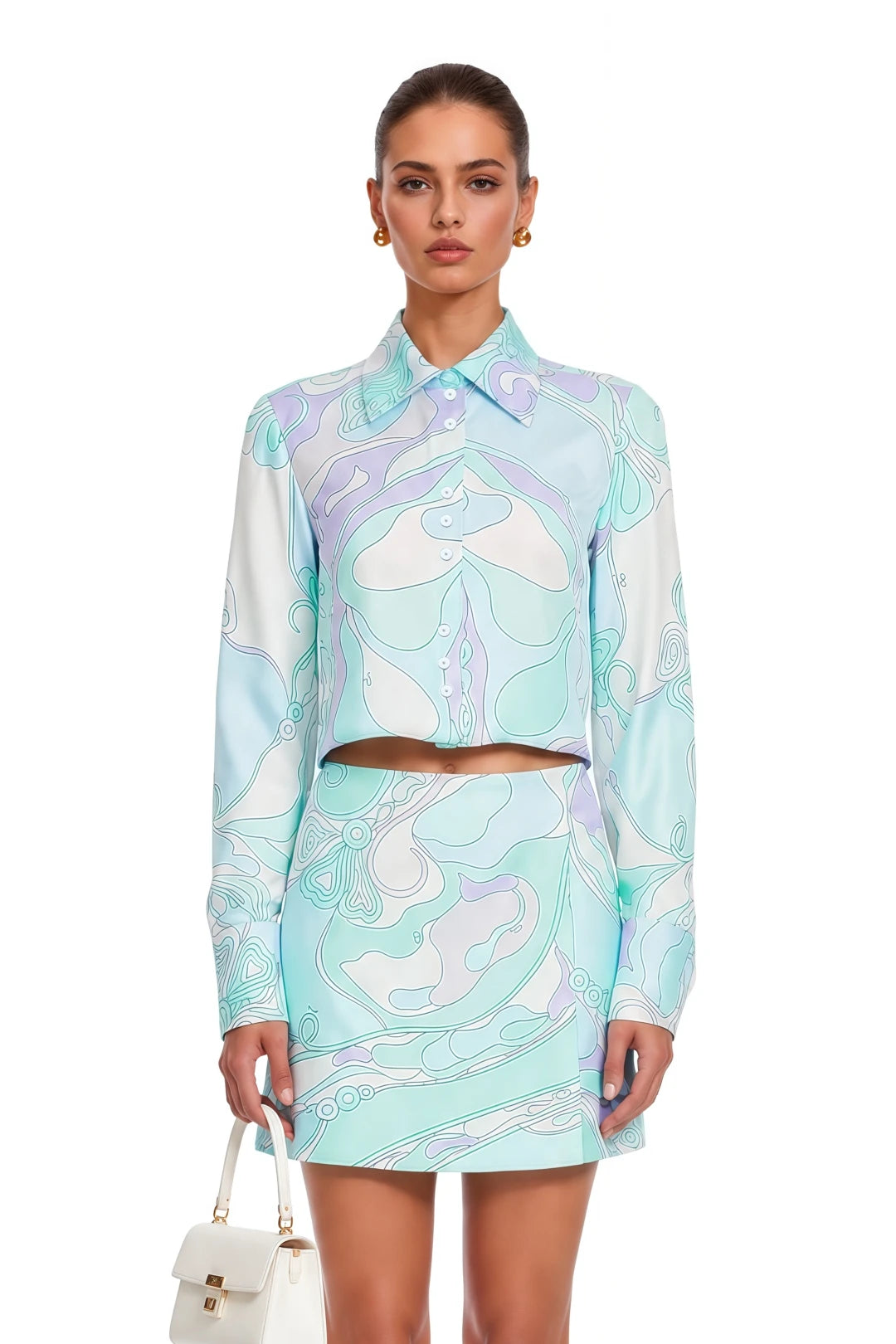 Cassia Mint Green Printed Blouse & Mini Skirt Set