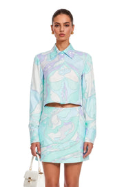 Cassia Mint Green Printed Blouse & Mini Skirt Set