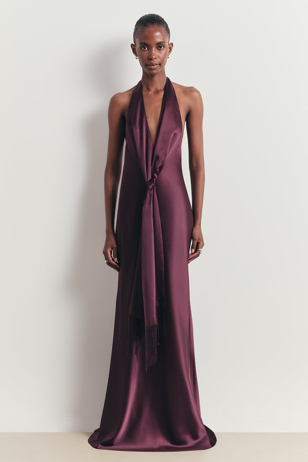 Plunging Knot Detail Gown with Fringing