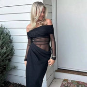 Off Shoulder Sheer Mesh Long Sleeve Maxi Dress
