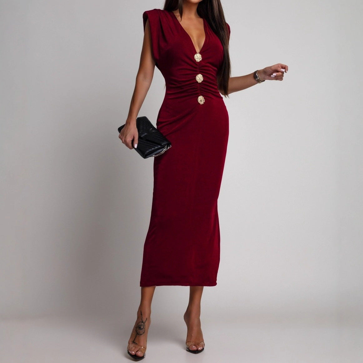 Deep V Button Front Sleeveless Midi Dress