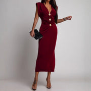 Deep V Button Front Sleeveless Midi Dress