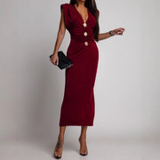 Deep V Button Front Sleeveless Midi Dress