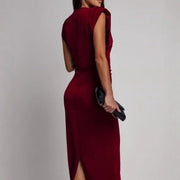 Deep V Button Front Sleeveless Midi Dress