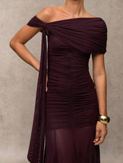 One Shoulder Ruched Mesh Maxi Dress