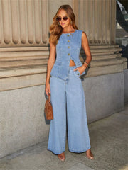 Streetwear Denim Wide Leg Office Two Piece Set