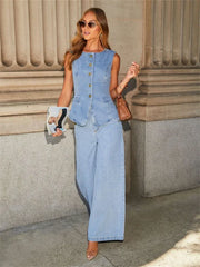 Streetwear Denim Wide Leg Office Two Piece Set
