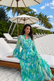 Mint Green Abstract Print Tiered Ruffle Maxi Dress