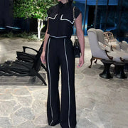 Contrast Lapel Vest Pockets Pants Office Two Piece Set