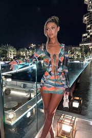 Sexy Print Tie Mesh Mini Dress