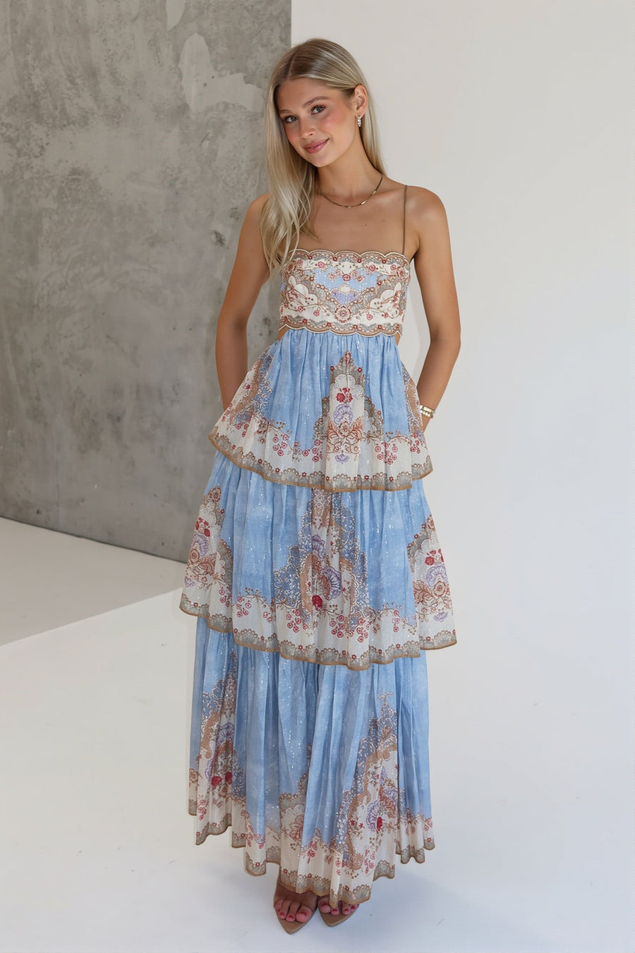 Embroidered Tiered Backless Maxi Dress