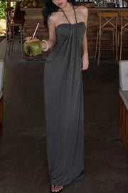 Twist Front Halter Ruched Maxi Dress