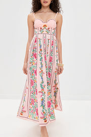 Linen Floral Spaghetti Long Boho Dress