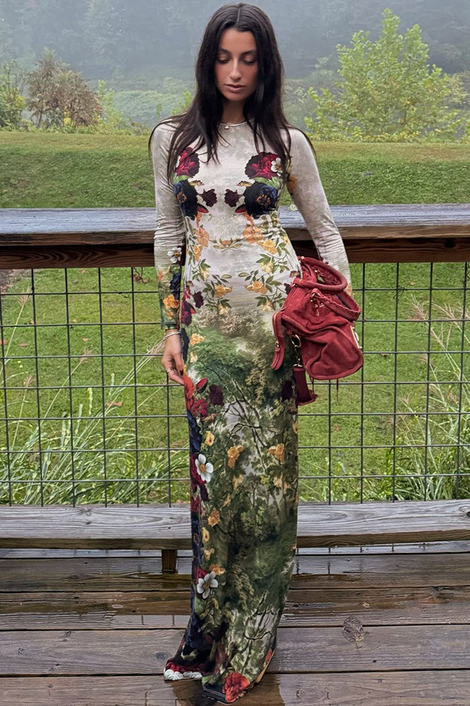 Floral Mesh Long Sleeve Maxi Dress