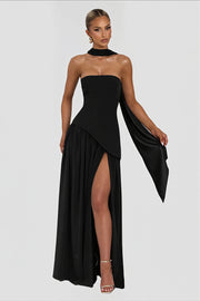 Strapless Scarf Detail Slit Maxi Dress