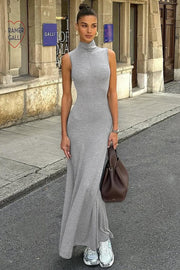 Mock Neck Sleeveless Fishtail Maxi Dress