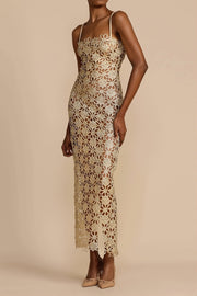 Solid Full Lace Cutout Split Cami Maxi Dress